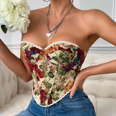 Hnewly  sweet floral print lace-up Chic  off shoulder Camis Slim Korean Tanks Top Elegant Basic Crop Top summer Women Bustier