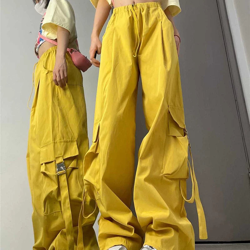 Hnewly  American Drawstring Hiphop Cargo Pants Women Loose Lazy Jazz Dance Big Pocket Trousers High Waist Solid Streetwear Wide Leg Pant