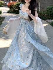 Hnewly  Elegant Girl's Long Dress Butterfly Gold Stamping Sparkle Strap Party Dress Women Sweet Beach Vacation Fairycore Dress