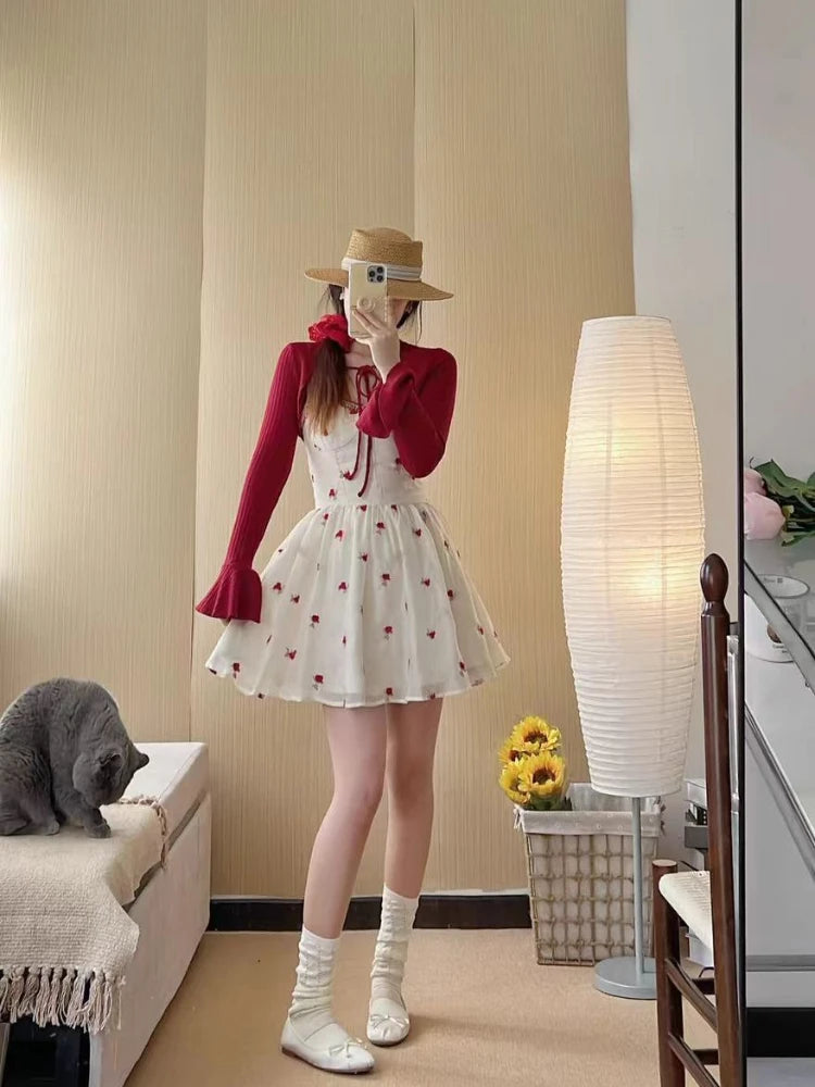 Hnewly French Elegant 2 Piece Dress Sets Women Casual Y2k Mini Dress Floral Even Party Clothing 2000s Vintage Clothing Beach Summer