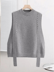 Hnewly  Elegant Bead Knitted Sweater Vest Women's Spring  Autumn Loose Versatile Comfortable Sleeveless Vest Casual Solid O-neck Top