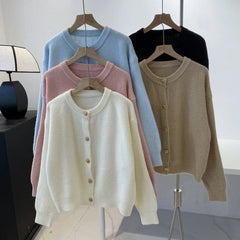 Hnewly  Autumn Winter Sweet Sweater Simple O-Neck Solid Short  Office Lady Cardigan Coat Metal Single Breasted Long Sleeved Outwear