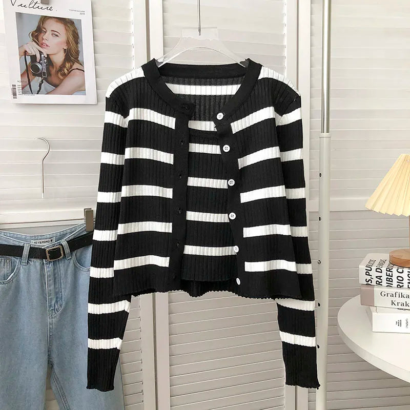 Hnewly  Women's Striped Knitting Cardigan Single Breasted Long Sleeved Sweater+Spaghetti Straps Vest Spring Autumn Korean Top 2pcs