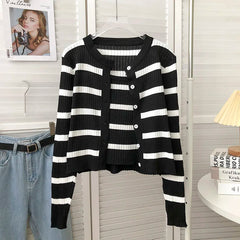 Hnewly  Women's Striped Knitting Cardigan Single Breasted Long Sleeved Sweater+Spaghetti Straps Vest Spring Autumn Korean Top 2pcs