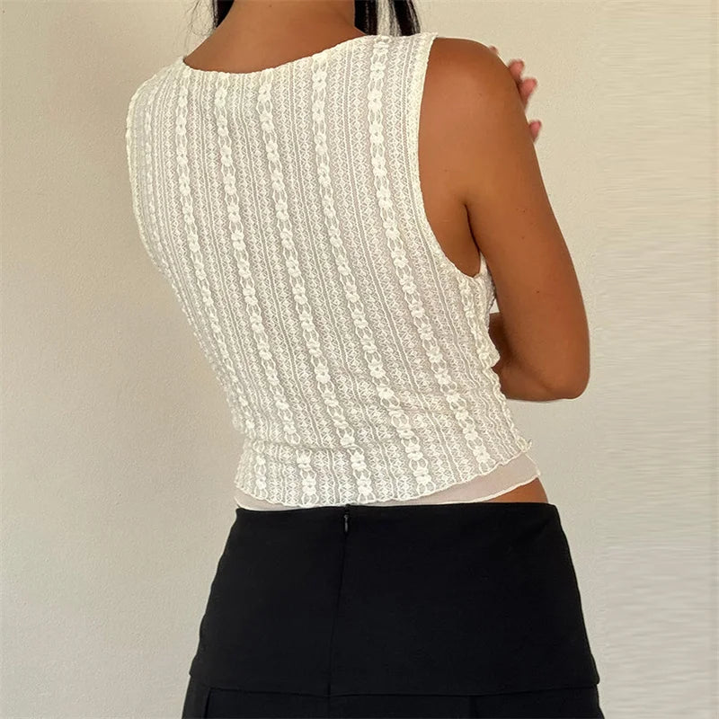 Hnewly Lace Tank Top y2k Clothes Women Sheer Floral Round Neck Sleeveless Asymmetrical Hem T Shirt 2000s Clothing Streetwear