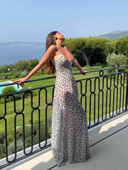 Hnewly  Dot Party Women's Dress Halter Deep V-neck Sleeveless Backless Floor-length Female Dresses Summer Sexy Vacation Lady Robe