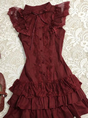 Lunivop  Vintage Classic Lolita Burgundy Lace Stand Collar Flutter Sleeve Short Dress Elegant Waist Fit Harajuku Summer Streetwear Outfit