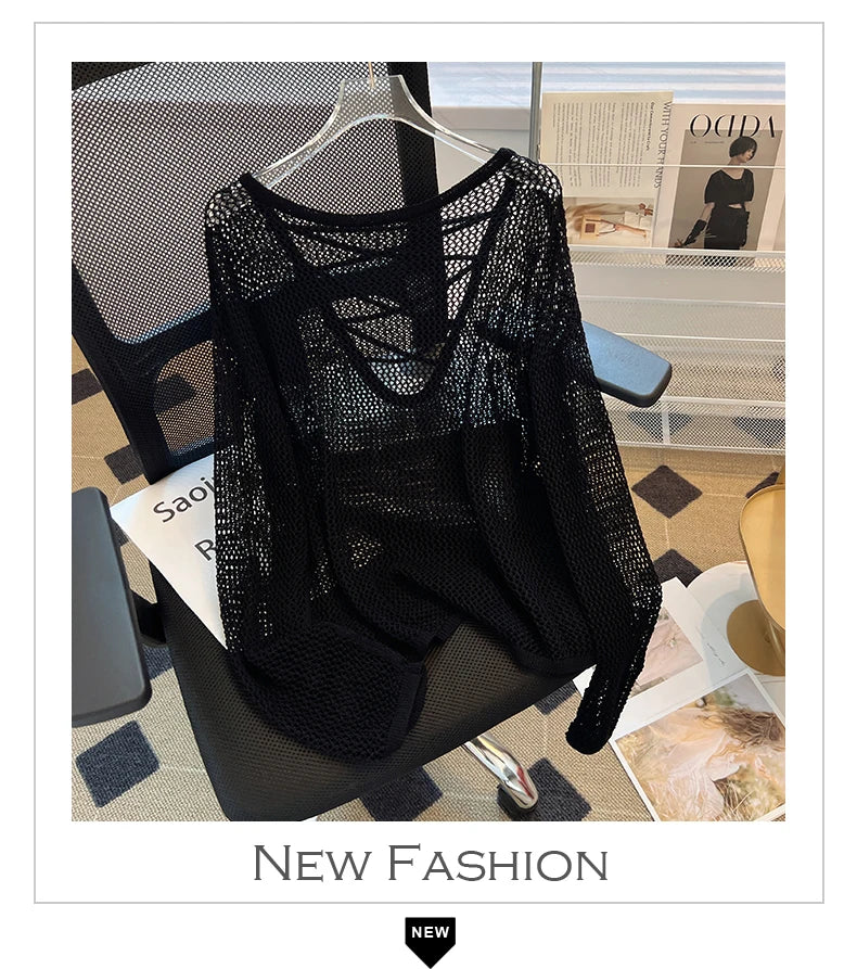 Hnewly Black White Striped Ice Silk Knitted Sweater Women Long Sleeved Loose Lazy Style Mesh Pullover Spicy Girl Hollow Out Top