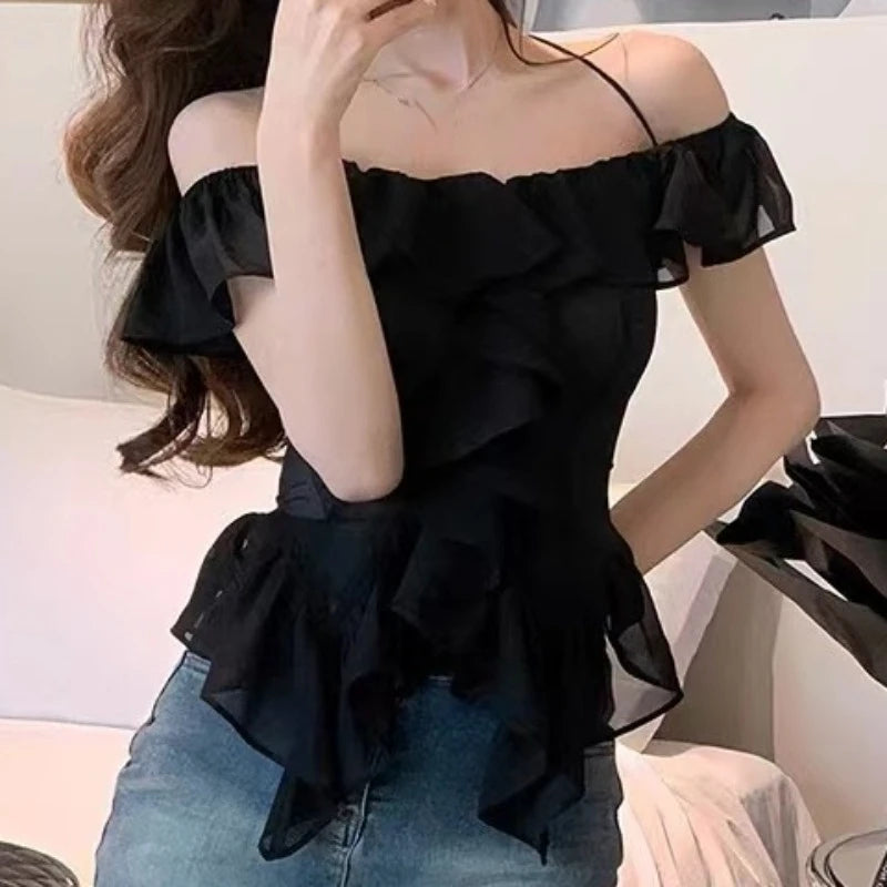 Hnewly Elegant 2 Piece Skirt Sets Summer French Harajuku Y2k Crop Tops Blouse Chiffon Shirt Straight Neck Sexy Slim Denim Skirts