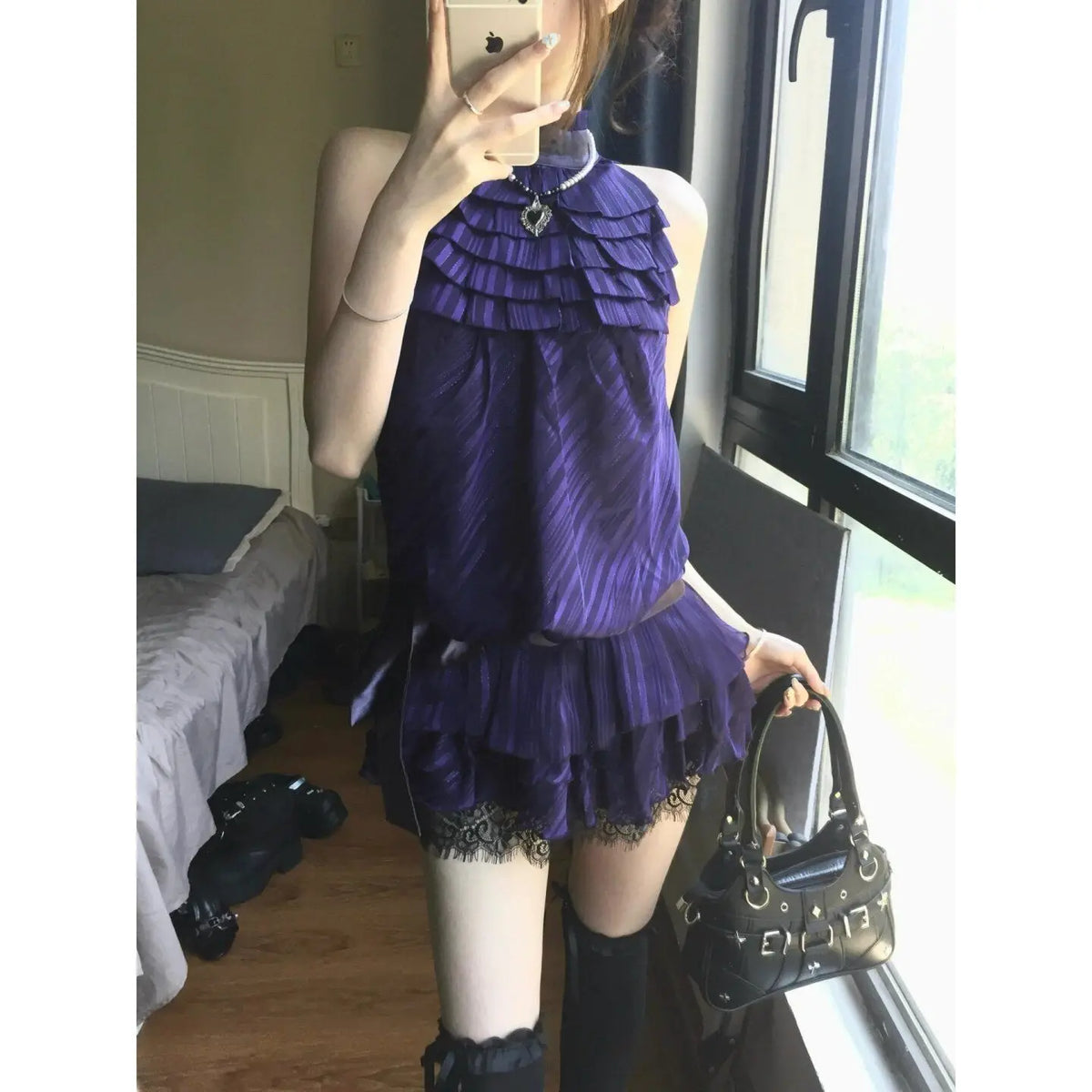 Hnewly  Purple Satin Lace Halter Dress Sleeveless Waist Cinched Cake Skirt Short Vintage Women Summer Fashion Sexy Gown Neck Hanging