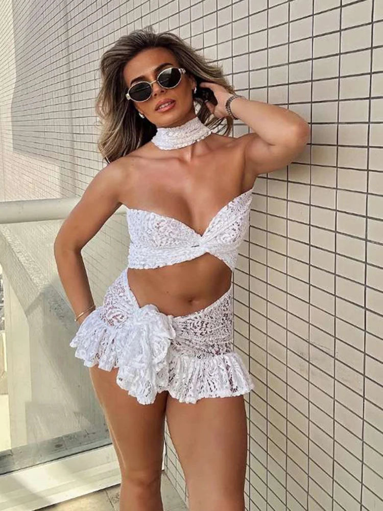 Hnewly   Sexy See Through 2 Piece Set Women Halter Cross Low-Neck Bandages Mini Tops+Ruched Lace-Up Skirts Y2K Style Outfits
