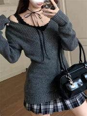 Hnewly  Autumn Winter Woman French Style Sexy Ladies Vintage V-neck Sweater Gray Knitted Pullover Retro All Match Sweaters