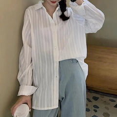Hnewly  Spring fashion temperament lapel shirt women's single breasted simple dark striped long-sleeved shirt