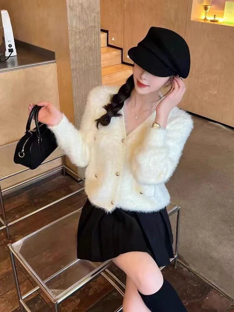 Hnewly  Fluffy Mohair Cardigan Women Pink Fuzzy Knit Button-Up Fake Pocket Crop Sweater Jacket Teen-girl Fall Winter Barbiecore Y2K