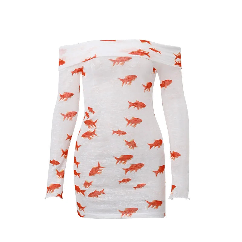 Hnewly Aesthetic Slash-neck Goldfish Print Dress Elegant Off Shoulder Long Sleeve Dresses Daily Women's Skinny Party Vestidos
