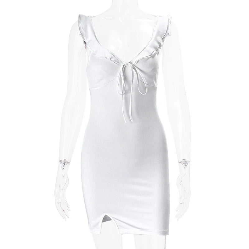 Hnewly Fashion Women Backless Sleeveless V-Neck Dress Elegant Ruffle Split Mini Summer 2024 Slim Party Clubwear Sexy Vestidos