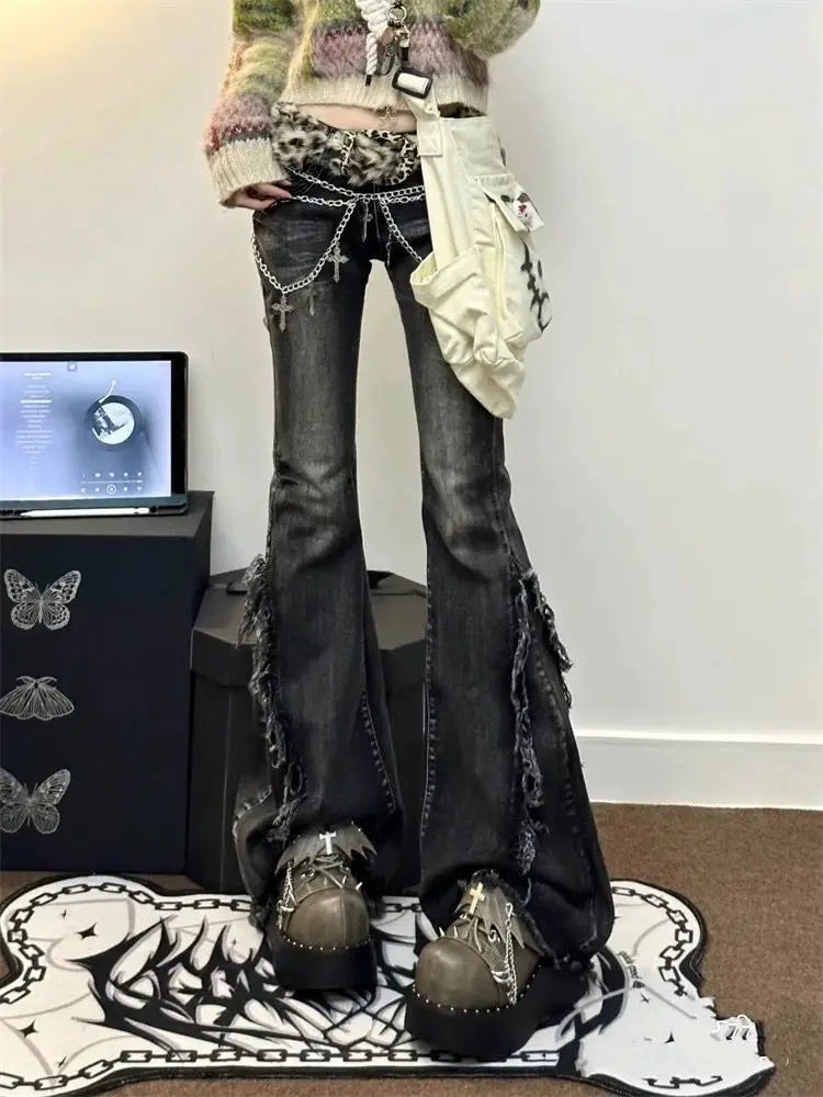Hnewly  American High Street Bell Bottom Jeans Vintage Washed Low-waist Denim Pants 2025 Summer New Loose Straight Wide Leg Pants