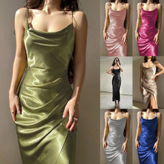 Hnewly Women's Spring New Strap Women's Dress, European and American High end Sexy Spicy Girl, Low cut Satin Split Back
