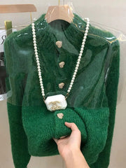 Hnewly  Green Knitted Cardigan  Sweaters Autumn Half High Collar Sweet Casual  Korean Fashion Winter New Casual Jacket