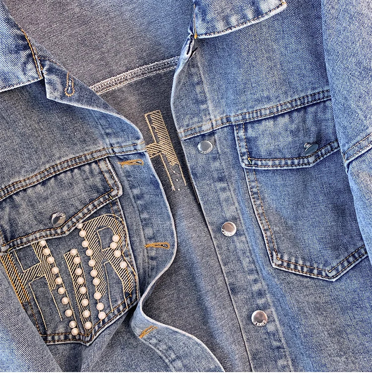 Hnewly  Nail Bead Denim Jacket For Women's Spring Autumn 2025 New Style Loose Versatile Long Sleeved  Turndown Collar Coat Top