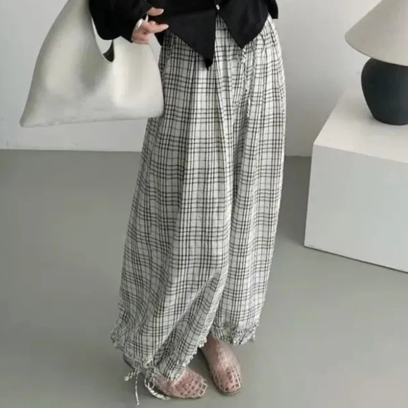 Hnewly  Summer Casual Plaid Long Pants for Women Drawstring Wide-Leg Pants Woman Loose Cotton Sports Pants for Women
