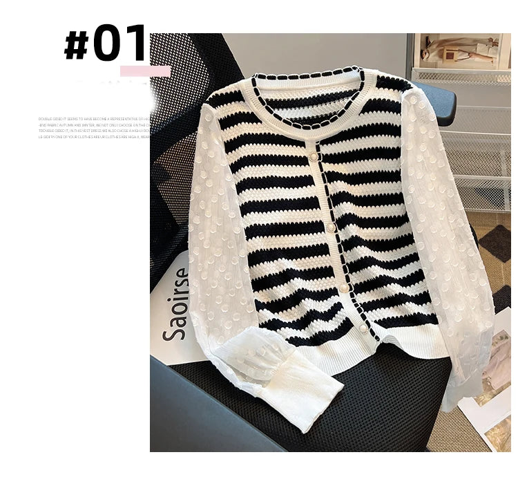 Hnewly  Striped knitted Sweater For Women's Spring Autumn French Elegant Round Neck Long Sleeved Patchwork Chiffon Loose All-Matched Top