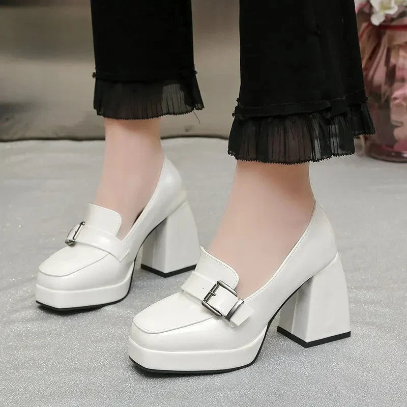 Hnewly Heels Lolita Shoes Chunky Platform Shoes Loafers Heel Patent Leather Slip On Casual Shoes Women Lady Office Shoes Black Heels