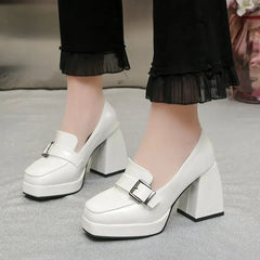 Hnewly Heels Lolita Shoes Chunky Platform Shoes Loafers Heel Patent Leather Slip On Casual Shoes Women Lady Office Shoes Black Heels