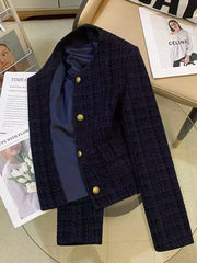 Hnewly Korean Plaid Tweed Jacket Women Y2K Elegant Office Lady O Neck Casual Crop Coats Autumn Single Breasted All Match Female Outwear