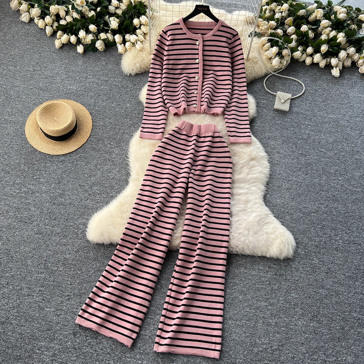Hnewly  Elegant Knitted Set for Women's High End Versatile Round Neck Striped Knitted Cardigan+High Waist Casual Wide Leg Pants 2PCS