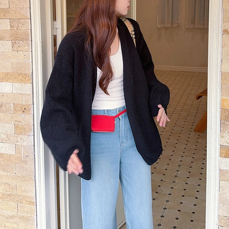 Hnewly  Open Front Knit Cardigan for Women Comfy Balloon Sleeve Open-front Sweater Coat Female Duster Cardi Casual Autumn Winter Outfit