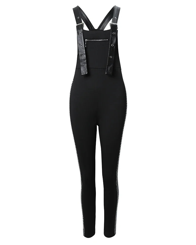 Hnewly Summer Rhinestone Decor Buckled Suspender Jumpsuit Women Long Jumpsuits Elegant New Fashion Woman Casual Daily Clothing