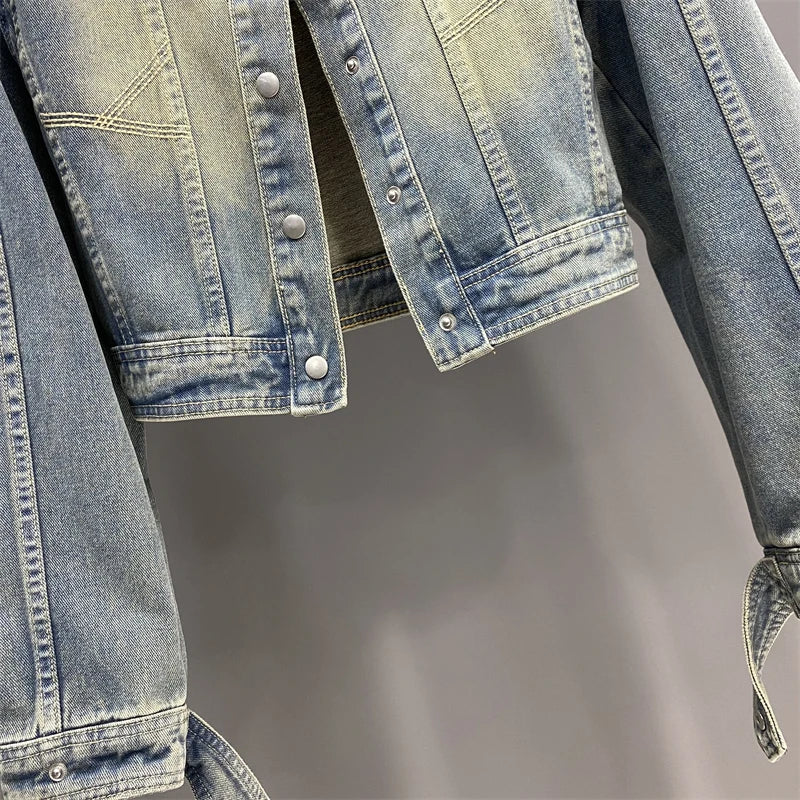 Hnewly  Women Standing Collar Denim Short Jacket Washed  Polished White Retro Motorcycle Outwear Spring Fashion Slim Long Sleeved Top
