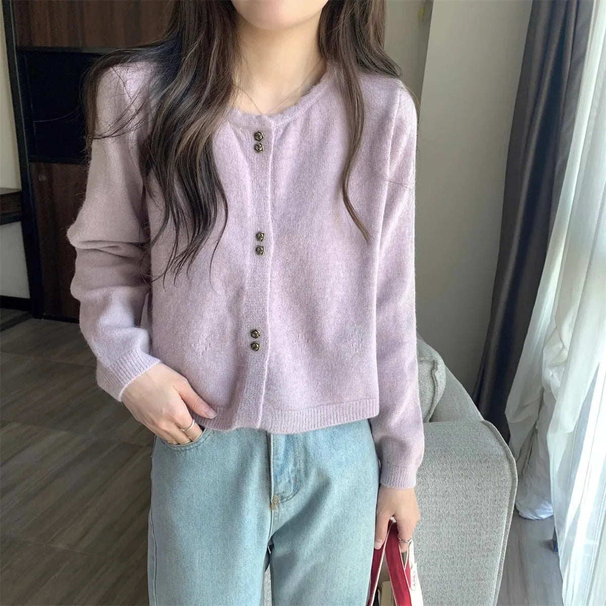 Hnewly  Sweet Short Hollowed Out Sweater Chic Buttons Long Sleeved Knitted  Cardigan Jacket Korean series Round Neck Loose Top