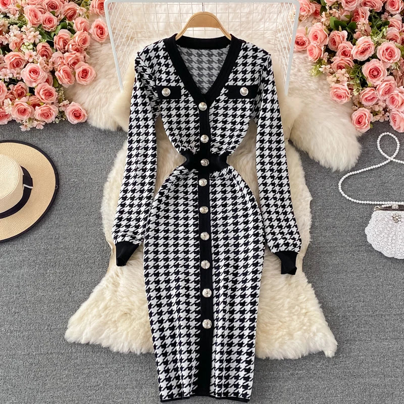 Hnewly  V-neck Sweater Dress Autumn New Versatile Slim Knitted Dresses Elegant Single Breasted High Waisted A-line Gown