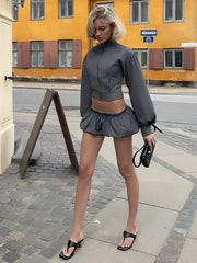 Hnewly  Cutenew Casual Daily Women 2Piece Set Sporty Simple Full Sleeve Zip-up Loose Jackets+Draped Mini Skirts Female Coordinate Outfit