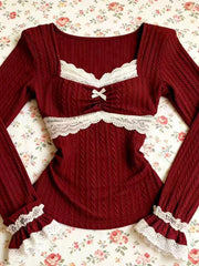 Hnewly  New Spring Vintage Slim Y2k T-Shirts Women Warm France Design Retro Lace Patchwork Thin Skinny Long Sleeve Hot Girl Tees