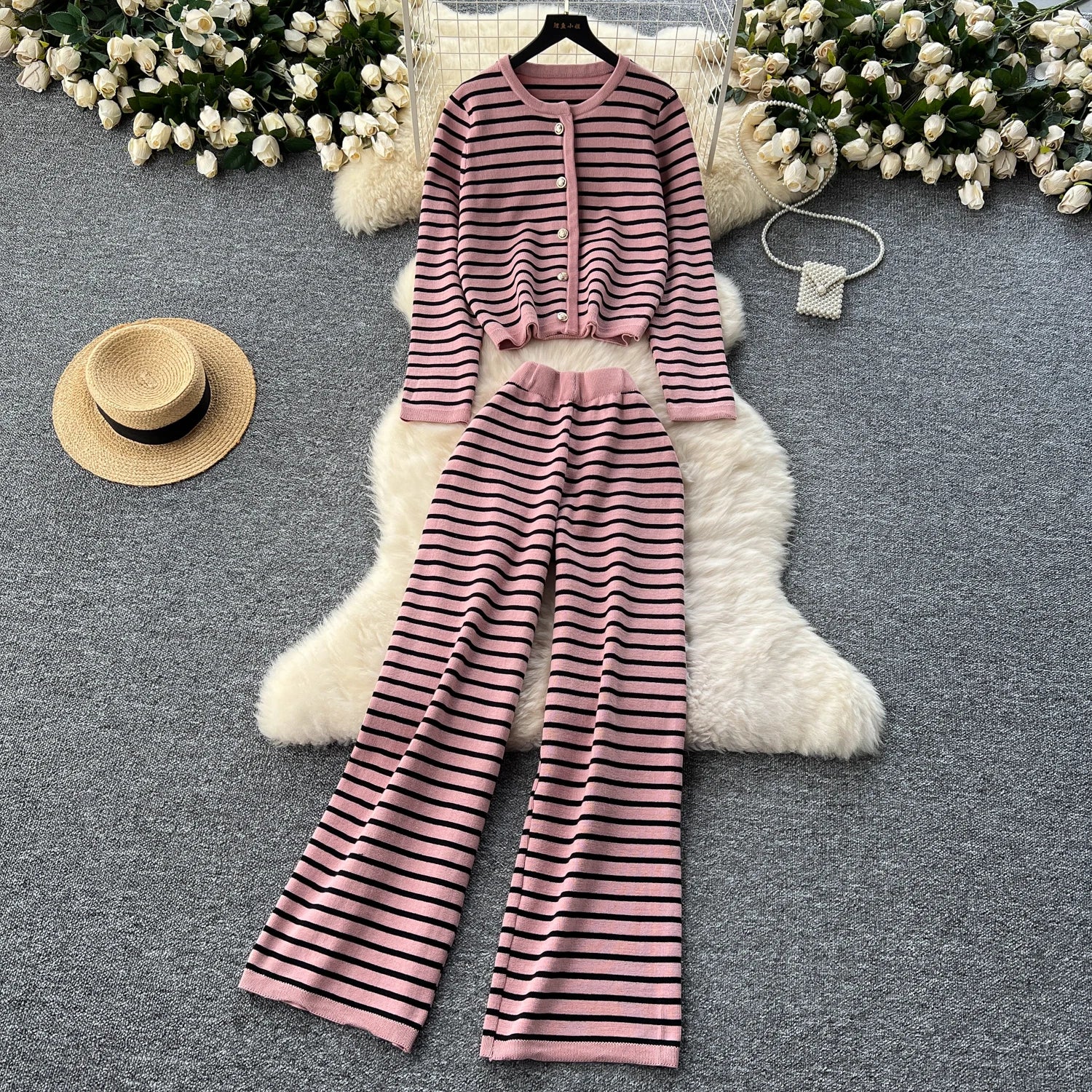 Hnewly  Elegant Knitted Set for Women's High End Versatile Round Neck Striped Knitted Cardigan+High Waist Casual Wide Leg Pants 2PCS