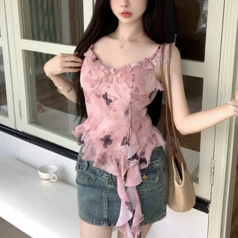 Hnewly summer inspo y2k Tank Top Women Fairycore Clothing Butterfly Print Ruffle V Neck Sleeveless Vest with Flower Choker 2000s Streetwear