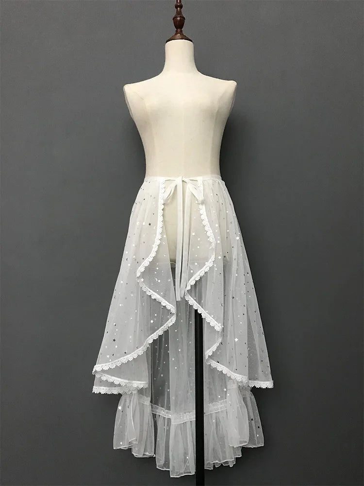 Hnewly  Asymmetric Dovetail Skirt Lolita Extend Skirt Cover Shiny Sequin Perspective Mesh High Waist Ruffles Fairy Skirt