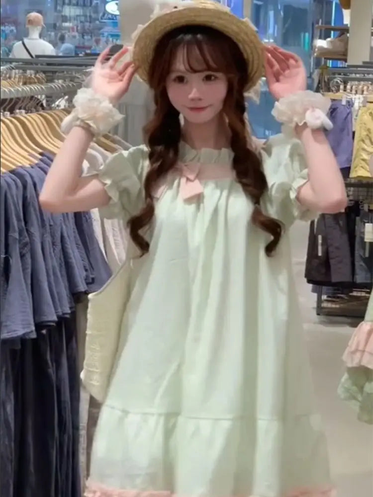 Hnewly  Mini Dresses Women Sweet Bow Ruffles Patchwork Puff Short Sleeve Summer Fashion Casual Party Dress Princess Casual