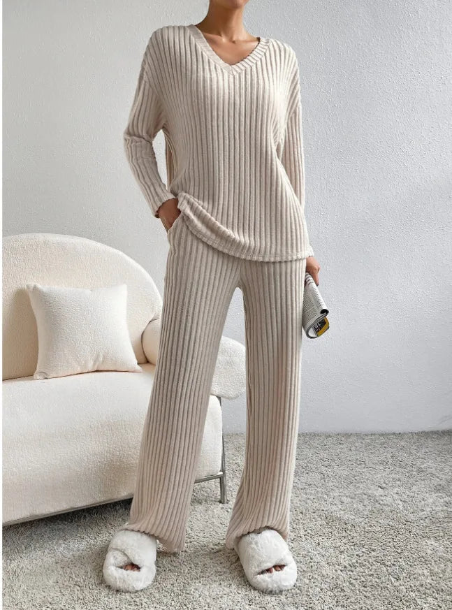 Hnewly  Women's Straight Leg Pants Set Knitted Long Sve Casual Sle Autumn Collection Pure Color Two-Piece Suit Workwear orm