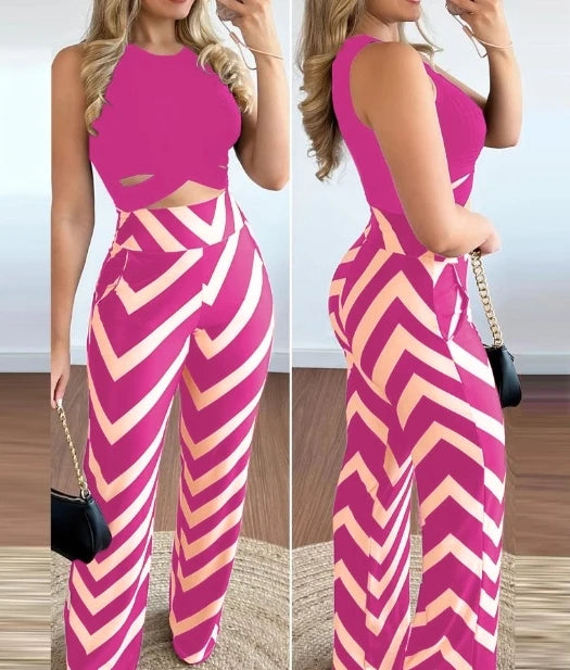 Hnewly  Women's Fashion Set Sleeveless Fitted Crisscross Crop Tank Top and Print High-Waisted Pants Casual Set