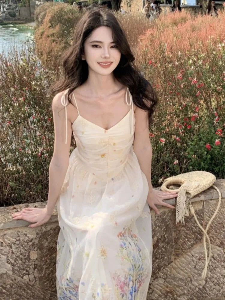 Hnewly Summer French Print Embroidery Women's Dresses 2025 Prairie Chic Elegant V-Neck Pleated Lace-up Long Dress New Fashion Casual