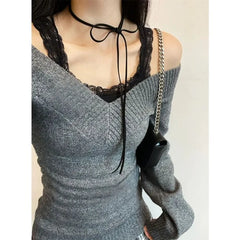 Hnewly  Lazy Retro V-neck Off Shoulder Sweater for Women Autumn Winter New Knitted Tops Mujer Y2k Slim Fit Long Sleeve Pullovers