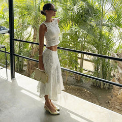 Hnewly Temperament Y2K Casual Streetwear Suits Summer Slim Sleeveless Lace Hollow Top and White Beach Skirt Women 2 Piece Set