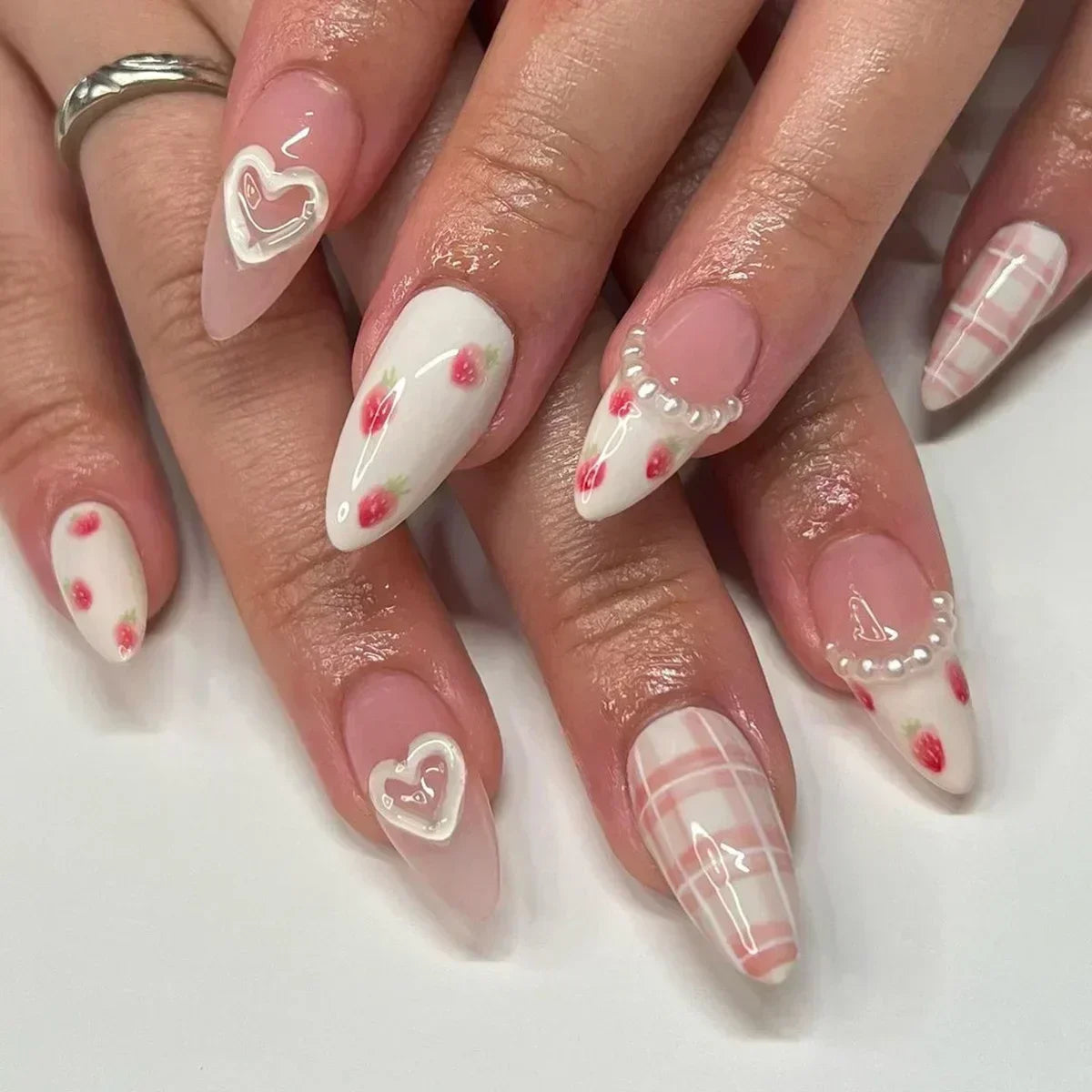 Hnewly 24Pcs Pink Almond French Press on Nails With 3D Bow ripple charms Design Fake Nails Ballerina False Nails Full Cover Nail Tips