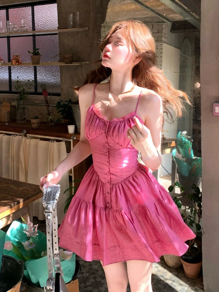 Hnewly Japanese Kawaii Sleeveless Y2k Mini Dress Women Slim Sexy Camisole Dress Summer Casual Evening Party Fashion Short Dress