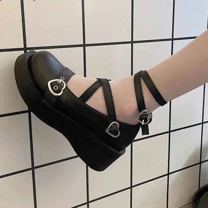 Hnewly Shoes Lolita shoes Women heels platform mary janes Star Buckle Strap Mary Janes Women Cross-tied Girls Rivet Casual kawaii shoes