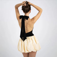 Hnewly  Bow Tie Patchwork Mini Bubble Dress Sweet Contrasting Color Off Shoulder Backelsss Elegant Short Sundress Hottie Streetwear